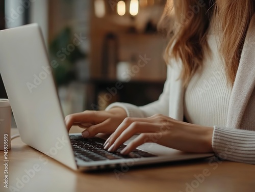 Elegant businesswoman expertly types on a laptop, immersed in office work, showcasing professionalism and dedication. Office productivity and technology integration concepts. photo
