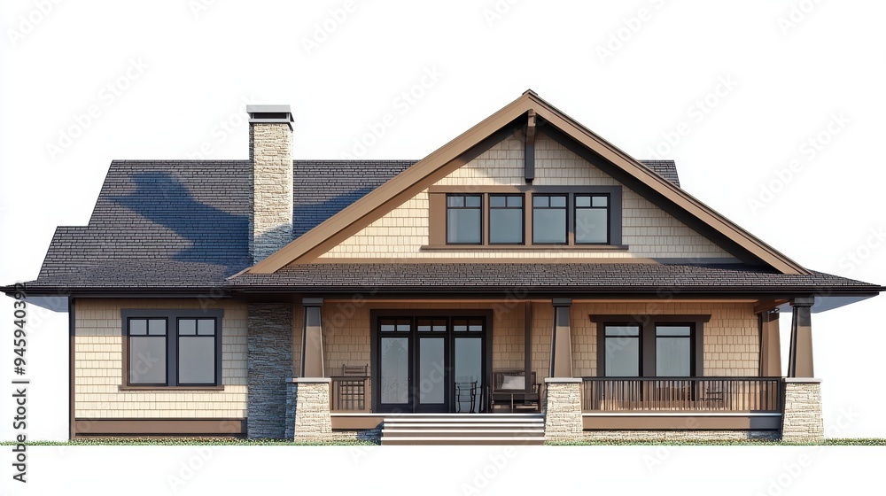 A modern house design featuring a porch and stone accents. A modern house design featuring a porch and stone accents.