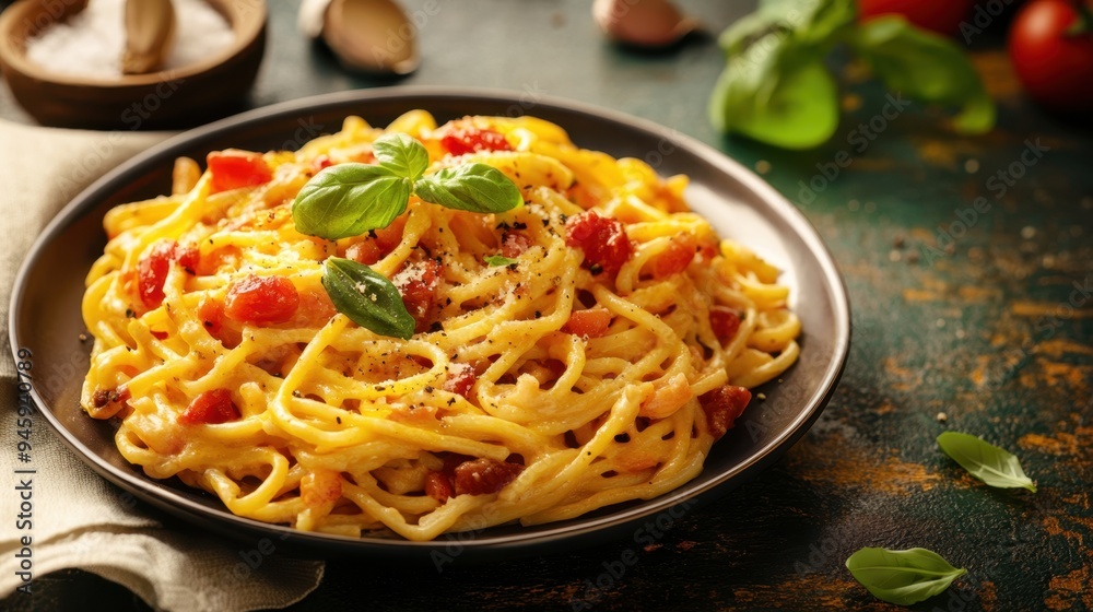 Delicious Carbonara Pasta with Pancetta and Basil Close-up Delicious Carbonara Pasta with Pancetta and Basil Close-up