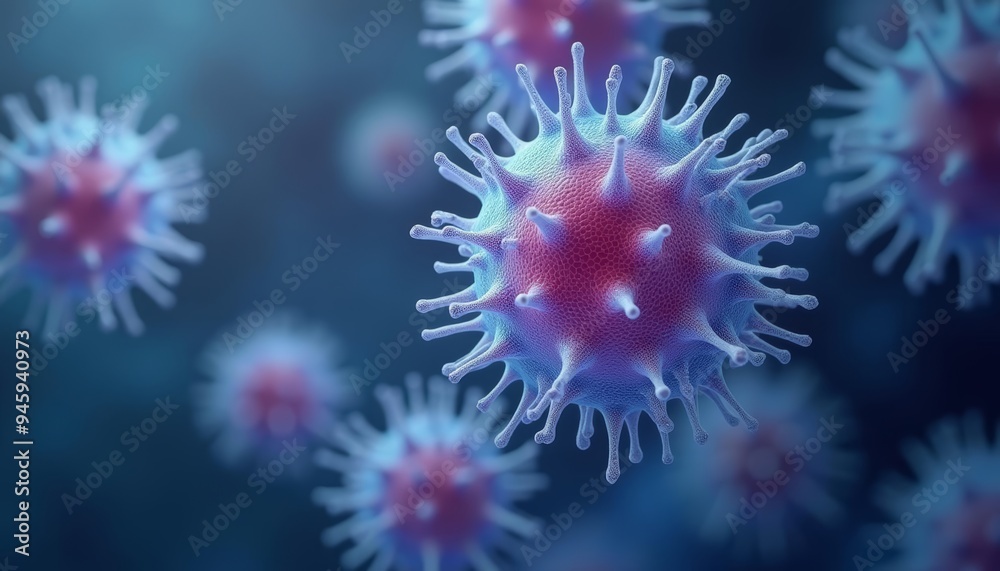 Viral particles in a microscopic view illustrating the spread of a contagion Viral particles in a microscopic view illustrating the spread of a contagion