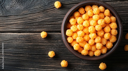 Delicious Cheesy Corn Puffs in Bowl Closeup with Copy Space photo