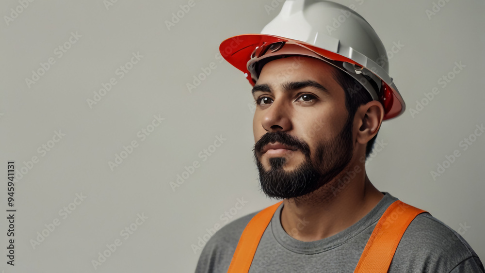 A worker portrait with white helmet on white background Happy labor day celebration A Labor with copy space background banner A worker portrait with white helmet on white background Happy labor day celebration A Labor with copy space background banner