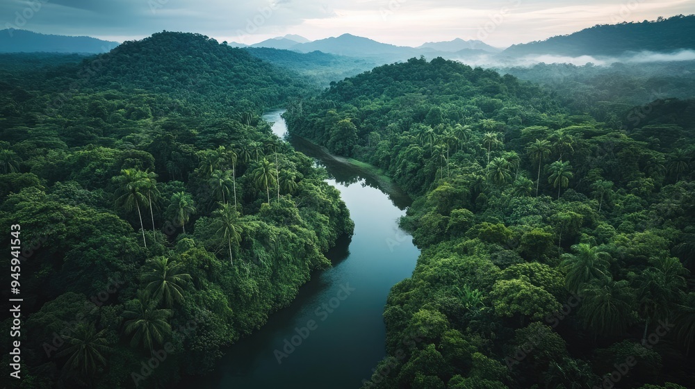 Aerial View of a Lush River Winding Through a Dense Rainforest Aerial View of a Lush River Winding Through a Dense Rainforest