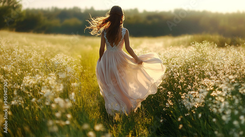 Young woman in a flowy white dress walking through a field of wildflowers.