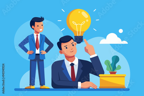 Solution expert solving problem or leader giving advise in meeting discussion, thinking for solution, creativity or professional to help, eureka moment concept, businessman with bright lightbulb.
