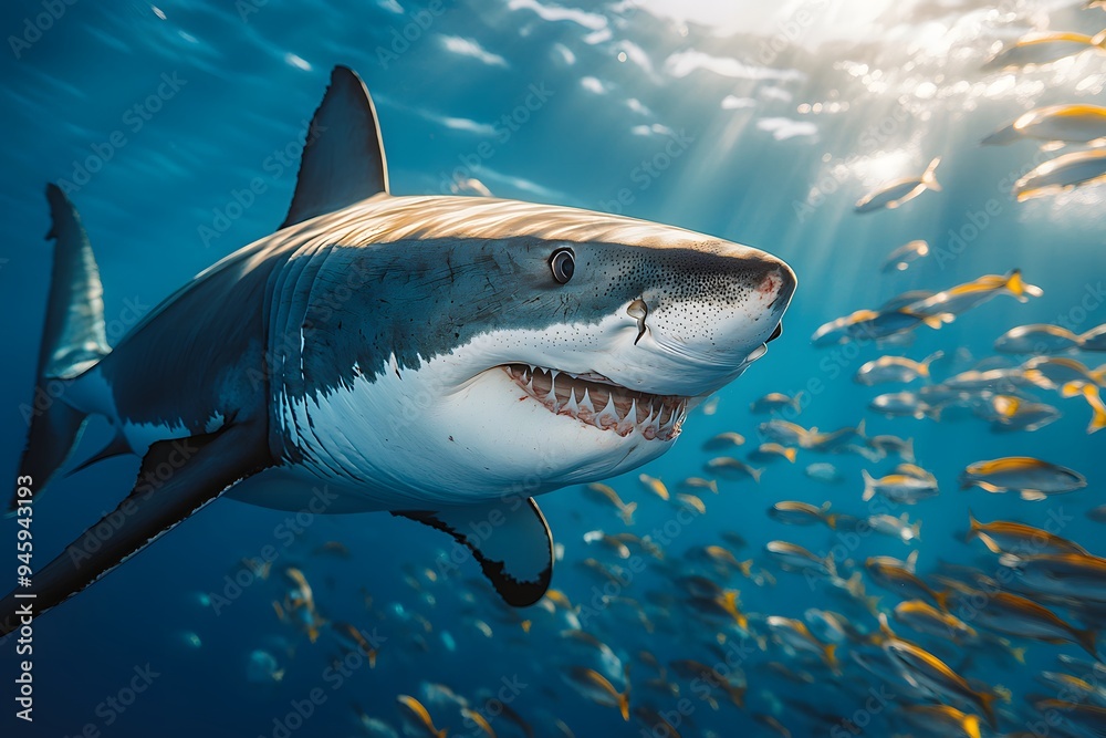 Naklejka premium Great White Shark Swimming Alongside a School of Fish