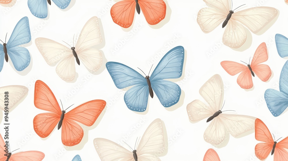 A seamless pattern of delicate butterflies in pastel colors, fluttering across a light background A seamless pattern of delicate butterflies in pastel colors, fluttering across a light background