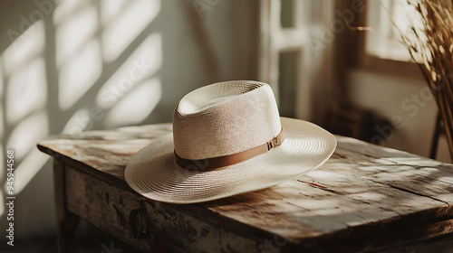 A white straw hat with a brown leather band sits on a wooden table in a sunlit room. photo