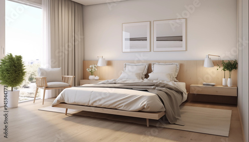 Modern Minimalist Bedroom Interior Design with Wooden Bed and White Bedding