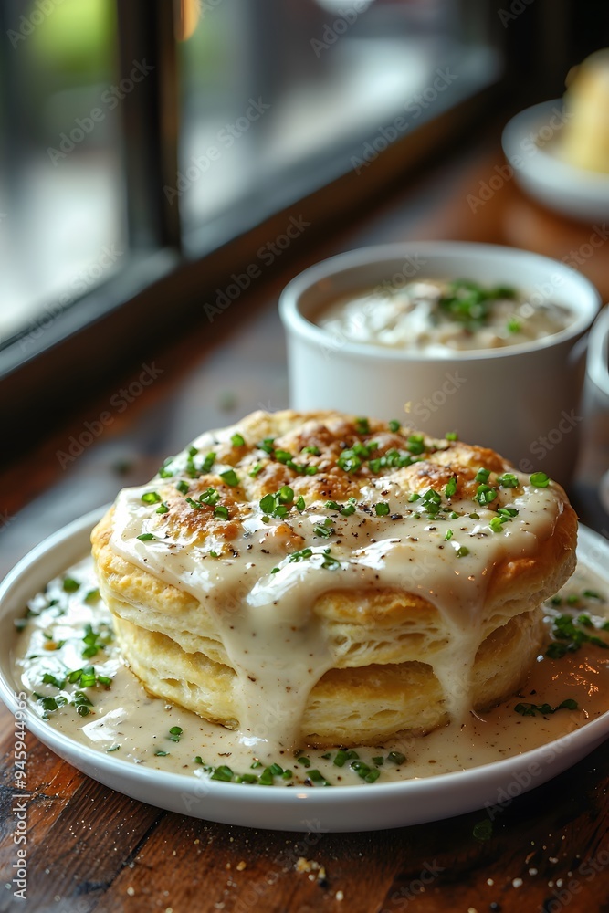 Biscuits and Gravy served outdoors with natural light, featuring a modern restaurant backdrop with a blurry background, highlighting the hearty, comforting dish and gourmet presentation. Biscuits and Gravy served outdoors with natural light, featuring a modern restaurant backdrop with a blurry background, highlighting the hearty, comforting dish and gourmet presentation.
