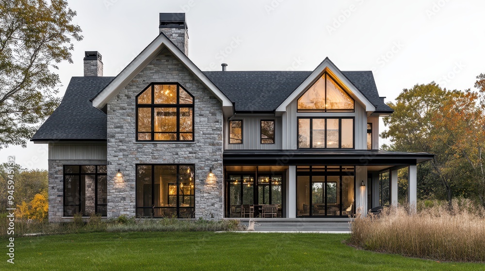 A modern stone house with large windows and a welcoming porch in a natural setting. A modern stone house with large windows and a welcoming porch in a natural setting.