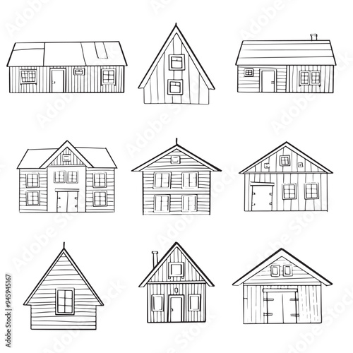 A diverse set of house icons showcasing different architectural styles and structures. Black and white doodle old buildings. Outline monochrome architecture sketch