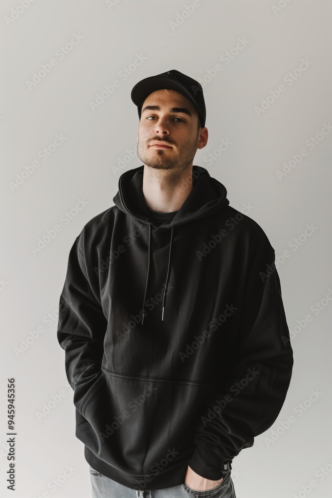 A young man stands confidently in a black hoodie and cap against a neutral backdrop, showcasing a casual urban style A young man stands confidently in a black hoodie and cap against a neutral backdrop, showcasing a casual urban style