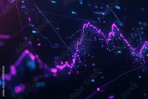 Visual representation of trading data with vibrant blue-purple hues on a sleek black background showcasing market fluctuations and trends in high detail.