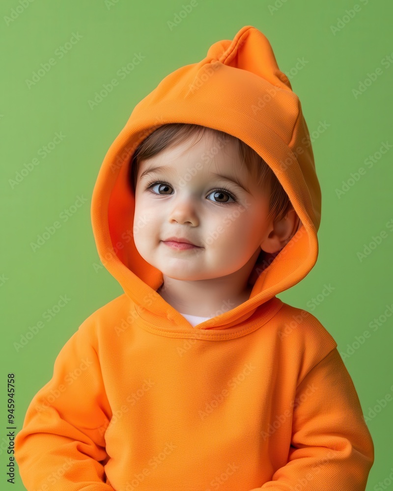 Creative toddler in a Halloween character costume, having festive fun, standing alone on green background. Creative toddler in a Halloween character costume, having festive fun, standing alone on green background.