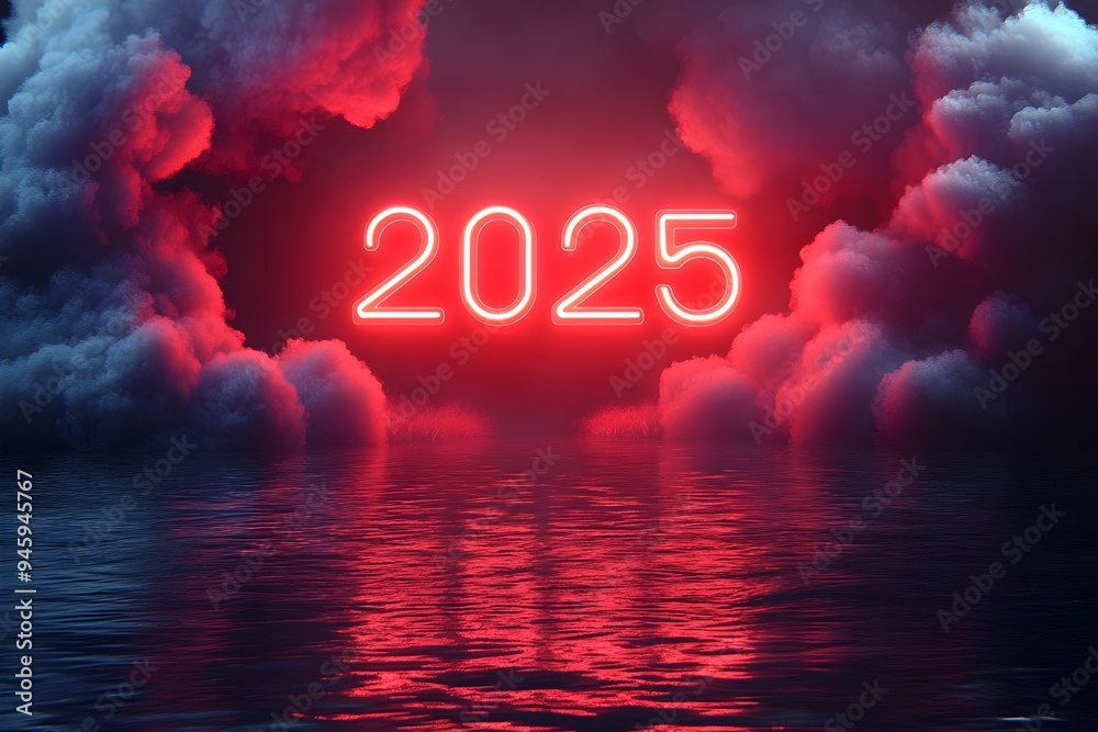 Dramatic Neon 2025 on Dark Futuristic Background with Floating