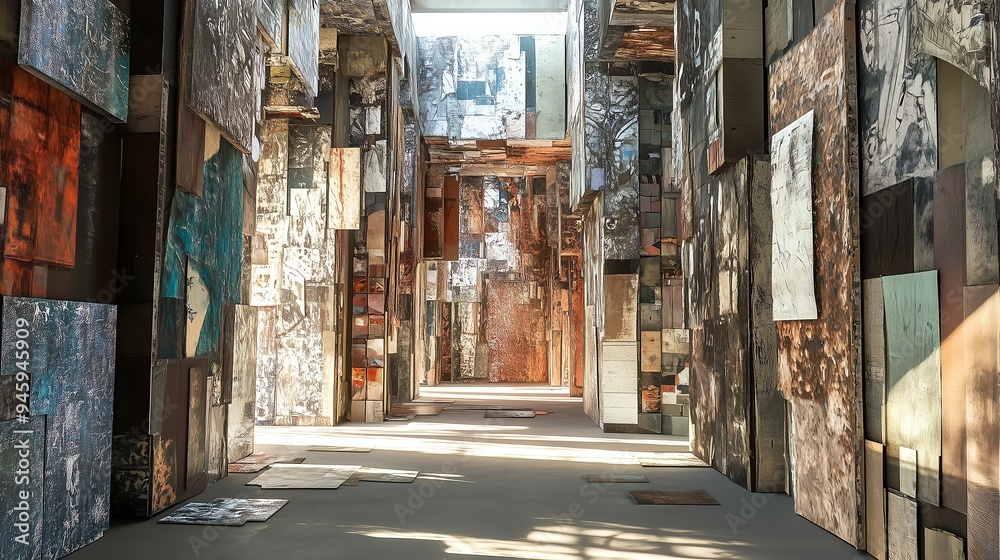 Fototapeta premium Upcycled Art Installation: Transforming Reclaimed Materials into Powerful Artworks Under Sunlit Brilliance