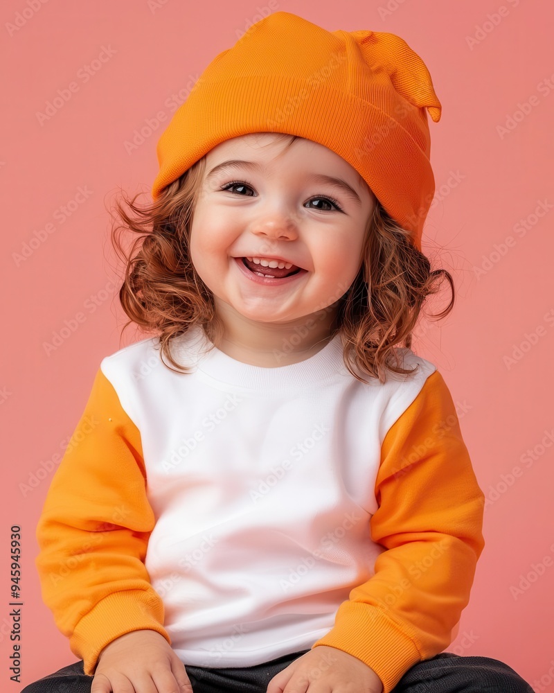 Creative festive outfit for a playful toddler, Halloween joy, isolated on pink background Creative festive outfit for a playful toddler, Halloween joy, isolated on pink background