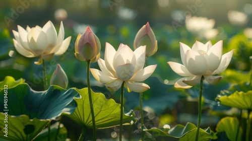 Blossoming Beauty: Lotus Flowers in Different Stages of Bloom Under Sunlight