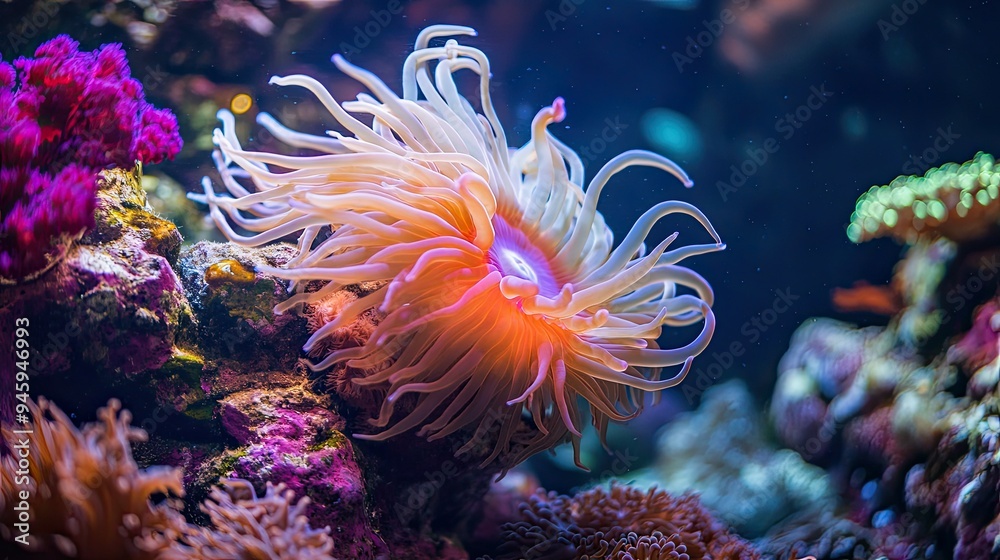 Bubble anemone with glowing, inflated tentacles, nestled among colorful coral formations in a tropical reef environment Bubble anemone with glowing, inflated tentacles, nestled among colorful coral formations in a tropical reef environment