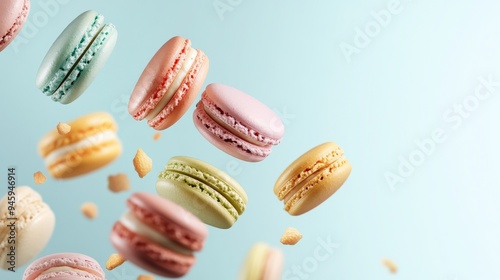 Wallpaper Mural Flying in the air colorful macaroons on a blue background, photo. Sweets, pastry shop, dessert, delicious. Torontodigital.ca
