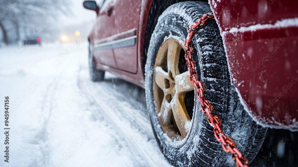Naklejka premium Closeup of Car with Snow Chain on Tire in Winter Season