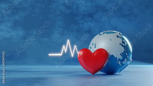 World Heart Day concept is observed every year on September 29, heart with a stethoscope and health care concept. Love, donor, world heart day, health, insurance concept. 3d rendering illustration