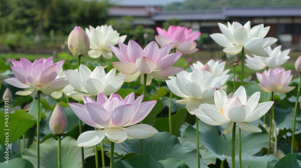 Stunning Lotus Blooms in White, Pink, and Purple Under Sunlight Stunning Lotus Blooms in White, Pink, and Purple Under Sunlight