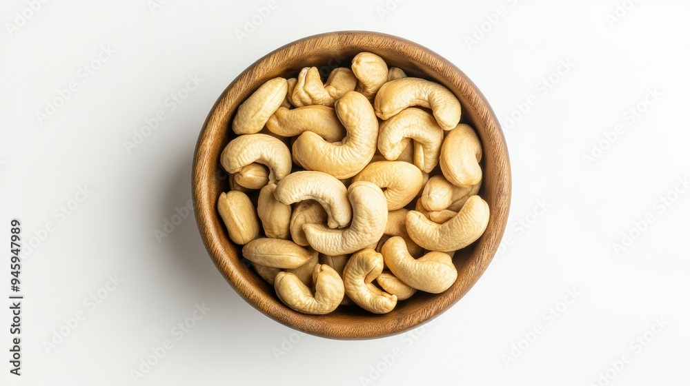 Cashew nuts in a wooden bowl, top view, isolated on a plain white background. Ideal for health-conscious food photography. Cashew nuts in a wooden bowl, top view, isolated on a plain white background. Ideal for health-conscious food photography.