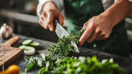 Chef cuts greens, parsley, dill on a board, hands close-up, photo. Healthy lifestyle, vegan.