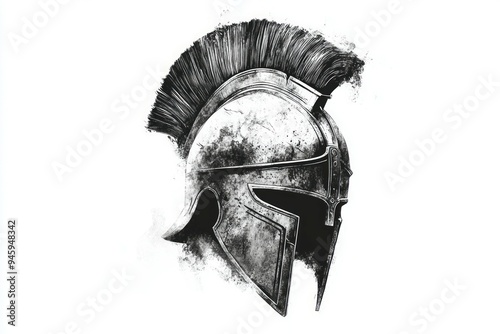 Pencil drawing spartan helmet on white background black and white. Spartan helmet tattoo design photo