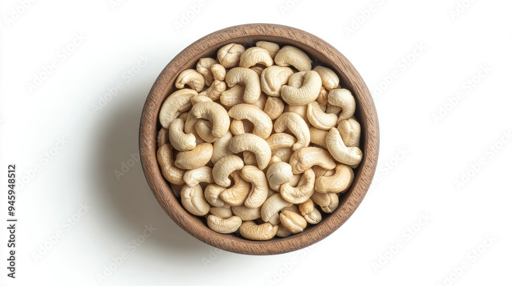 Cashews in a wooden bowl, top view, isolated on a plain white background. Simple and clean food photography. Cashews in a wooden bowl, top view, isolated on a plain white background. Simple and clean food photography.