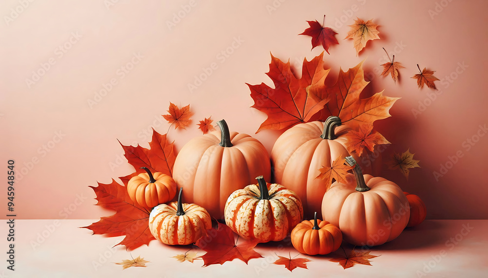 A collection of small orange pumpkins arranged on a soft beige background autumn leaves in shades of orange and brown A collection of small orange pumpkins arranged on a soft beige background autumn leaves in shades of orange and brown
