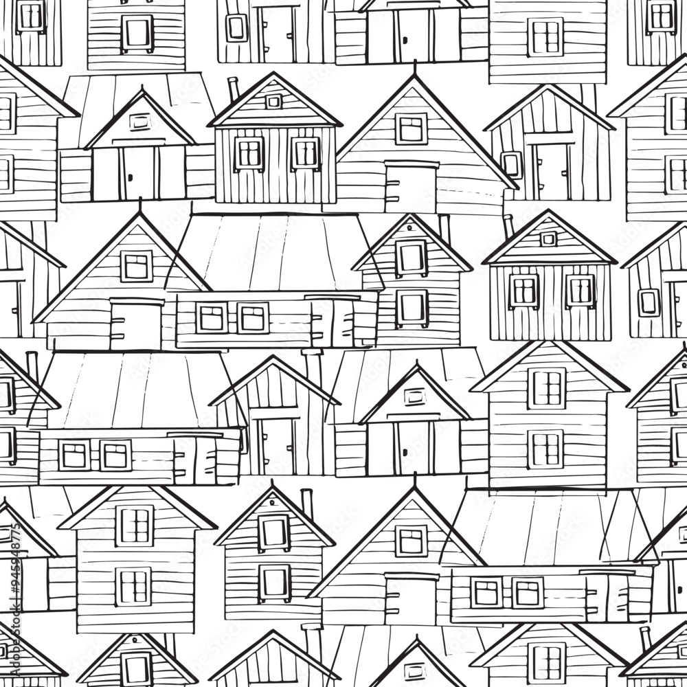 Seamless pattern village. A diverse set of house icons showcasing different architectural styles and structures. Black and white doodle old buildings. Outline monochrome architecture sketch Seamless pattern village. A diverse set of house icons showcasing different architectural styles and structures. Black and white doodle old buildings. Outline monochrome architecture sketch