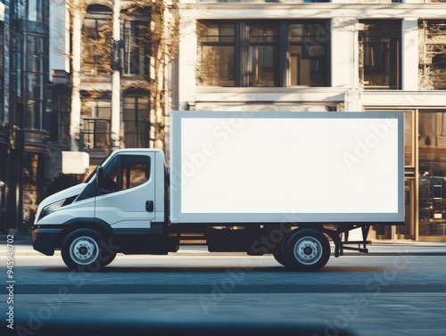 Truck , wagon with clean, empty body for lettering, on a city street. Photo, advertising, trucking, marketing, forwarding, shipping, transportation, transport, cargo, transportation, customs clearance