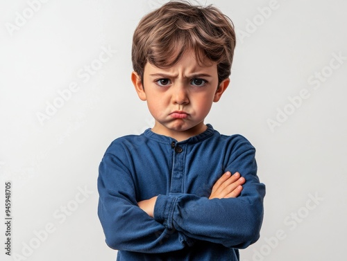 Dissatisfied, angry, offended child with a dissatisfied expression on a light background with space for an inscription, text, photo, close-up. Upbringing, education, psychology, children, resentment