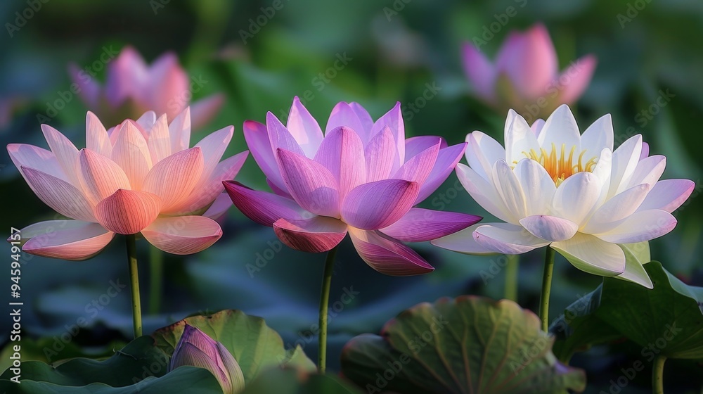 Vibrant Lotus Blooms in Shades of White, Pink, and Purple Under Sunlight Vibrant Lotus Blooms in Shades of White, Pink, and Purple Under Sunlight
