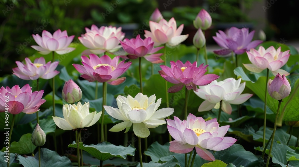 Vibrant Lotus Blooms in a Colorful Display of White, Pink, and Purple Petals under Sunlight