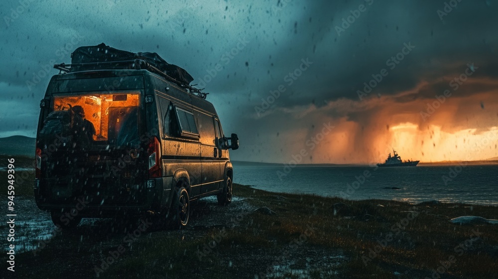 A traveler who set up camp with his caravan by the sea. Caravan camping, free life, intertwined with nature A traveler who set up camp with his caravan by the sea. Caravan camping, free life, intertwined with nature