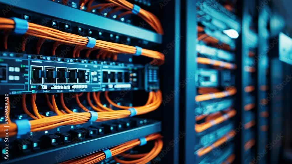 Closeup video of networking cable in the server room, server rack with fiber optic cables

