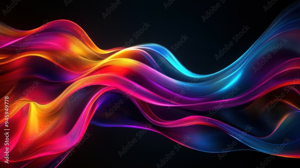 Colorful flowing abstract patterns in smooth gradients against a dark background create a mesmerizing visual experience highlighting fluid motion and artistic expression.