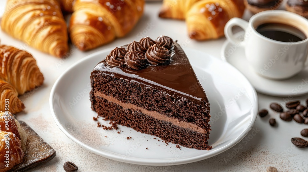 Chocolate cake slice with a glossy ganache topping on a white plate, surrounded by croissants, danishes, and a hot cup of coffee, capturing a perfect dessert spread Chocolate cake slice with a glossy ganache topping on a white plate, surrounded by croissants, danishes, and a hot cup of coffee, capturing a perfect dessert spread