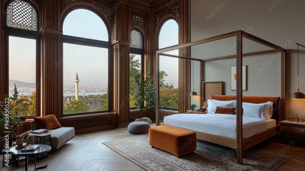 Fototapeta premium Elegant bedroom with a stunning view, featuring a four-poster bed and stylish decor that exudes luxury and comfort.