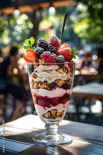 Greek Yogurt and Berry Parfait served outdoors in natural light, with a modern restaurant backdrop and a blurry background, highlighting the fresh, layered dessert and gourmet presentation.