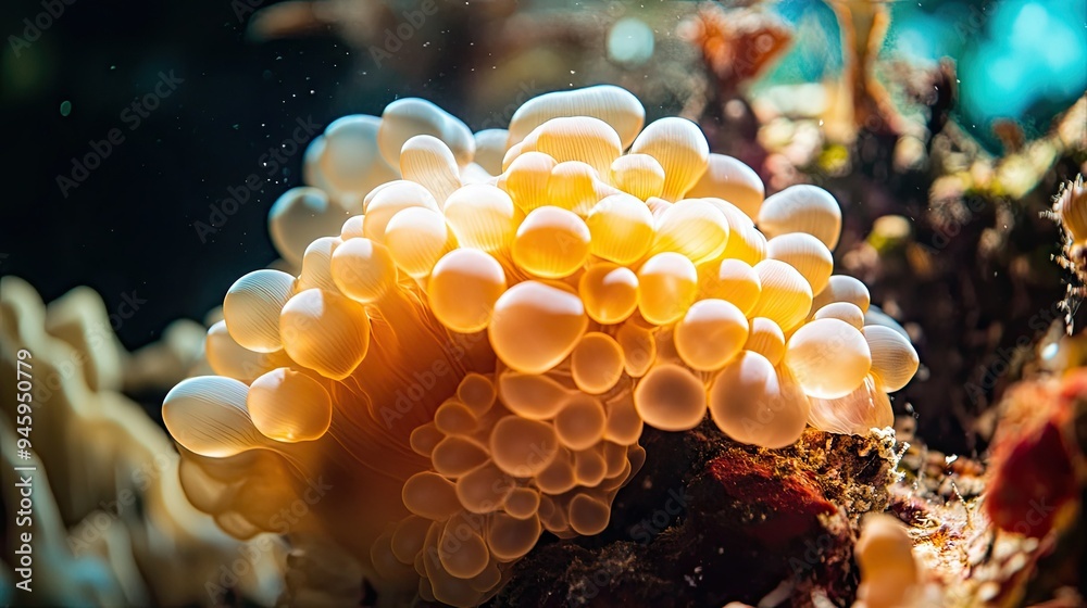 Close-up of a bubble anemone's round, inflated tentacles, glowing under sunlight, surrounded by the diverse textures of a tropical coral reef