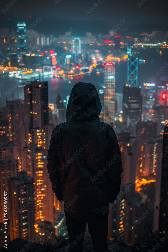 Urban Explorer Overlooking Vibrant Cityscape at Night from Rooftop Urban Explorer Overlooking Vibrant Cityscape at Night from Rooftop