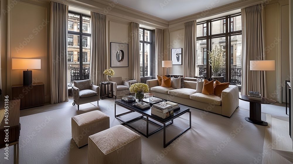 Fototapeta premium Elegant living room with modern furniture, large windows, and sophisticated decor. Perfect space for relaxation and gatherings.