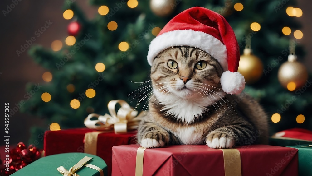 Festive kawaii-style clipart of a cat in a Christmas hat perched on a present Festive kawaii-style clipart of a cat in a Christmas hat perched on a present