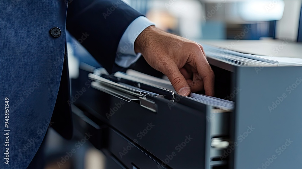 Close-up of a manaes hand navigating a file cabinet drawer, representing the daily tasks of business professionals in an office setting Close-up of a manaes hand navigating a file cabinet drawer, representing the daily tasks of business professionals in an office setting