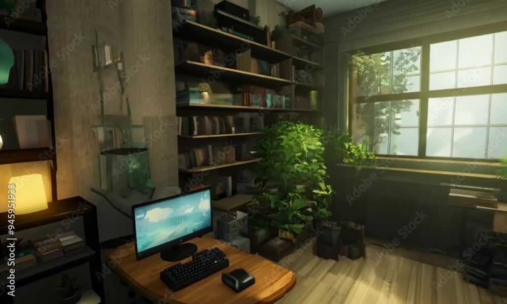 Nostalgic Isometric Bedroom with Gaming PC, Plants, and Bookshelves - 3D Concept Art Nostalgic Isometric Bedroom with Gaming PC, Plants, and Bookshelves - 3D Concept Art